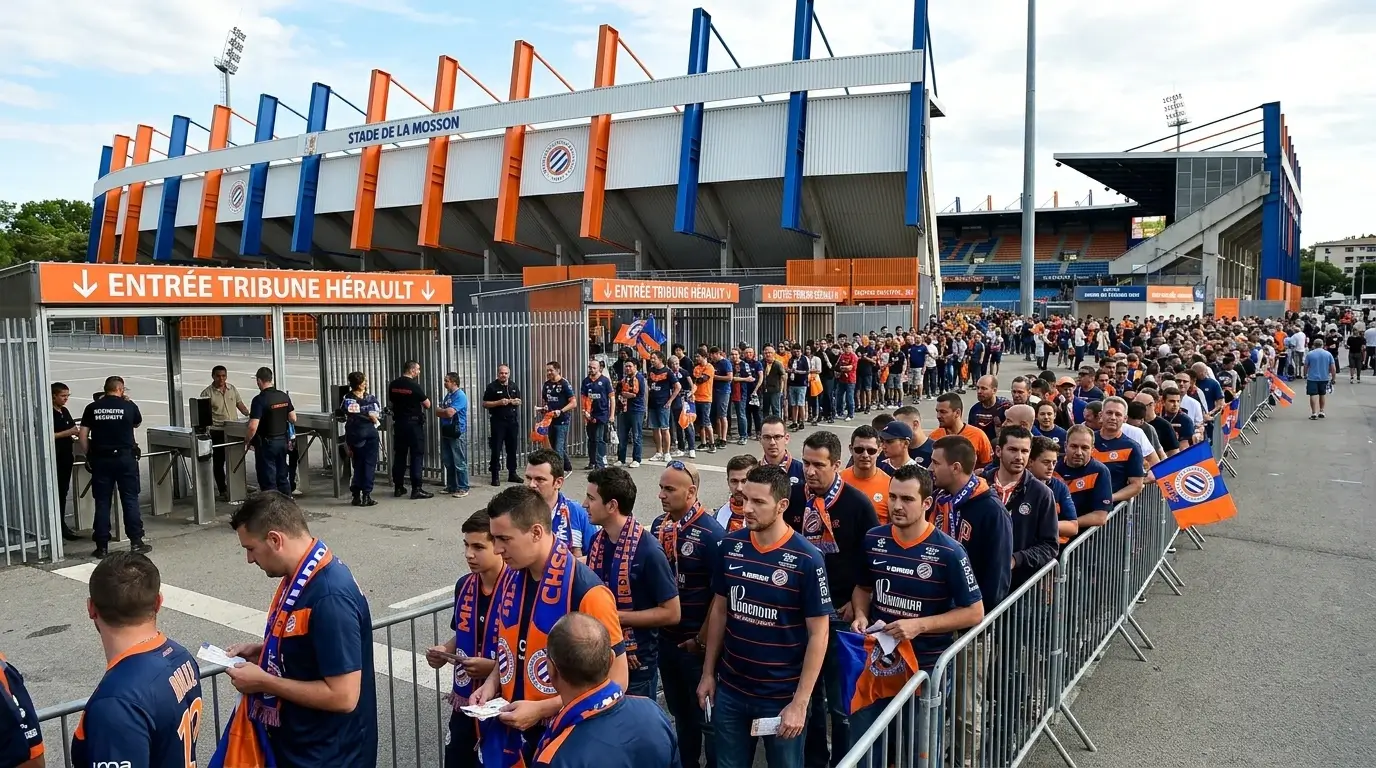 supporters dans une file d'attente à l'entrée d'un stade